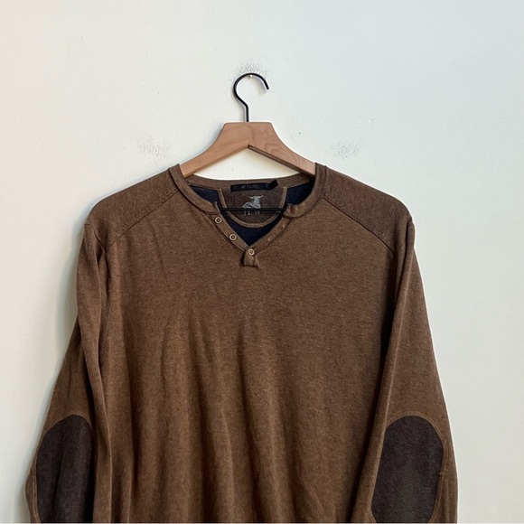 Raffi Reversible Vanise Henley Venley sweater Shirt Brownstone/Clay Elbow Patch - Picture 3 of 16